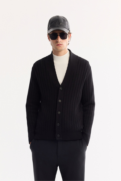 Avva Men's Black Shawl Collar Buttoned Soft Touch Striped Regular Fit Cardiga...