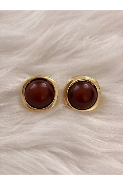 LENORE Kadın Gold Kahverengi Taşlı Yuvarlak Vintage Model Çivi Küpe