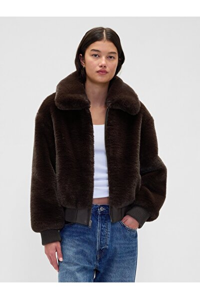 GAP Kadın Koyu Kahverengi Faux-Fur Bomber Ceket