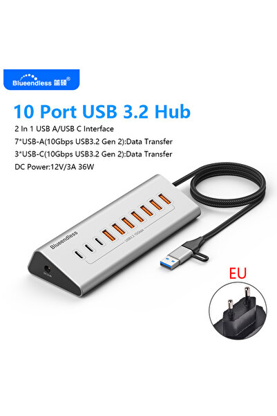 Choice HU101 موزع USB-C من الألومنيوم بمنفذ أوروبي أزرق اللون، USB3.2 Gen2 بس...