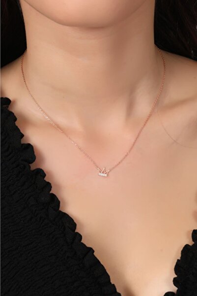 Bilsen Store Tamamı 925 Ayar Gümüş Rose Kaplama Beyaz Zirkon Taşlı Taç Kolye