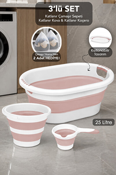 Meleni Home 3'lü Banyo Seti - 25 Lt Katlanabilir Çamaşı Sepeti Su Kovası Maşr...