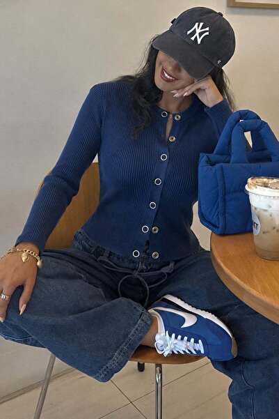 Madmext Indigo pleteni kardigan sa kopčom za žene MG2579