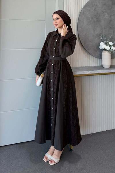 Şule Giyim Romantic Lace Detailed Dress Brown