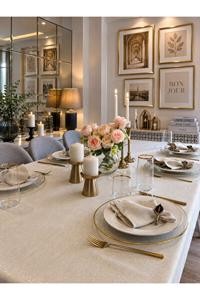 Decamor home Royal Gold Simli Köşe Fransız Dantelli Ekru Masa Örtüsü(PEÇETE D...