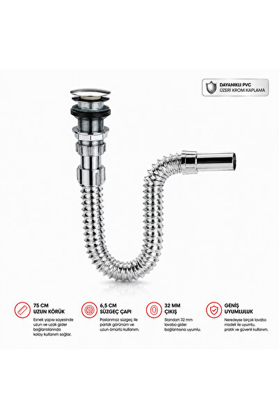 AGE YAPI Krom Basmalı Pop-Up Lavabo Sifonu, Su Tasarruflu, Modern Banyo ve Mu...