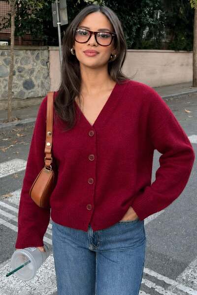 Madmext Burgundy V-Neck Women's Knitwear Cardigan Mg2462