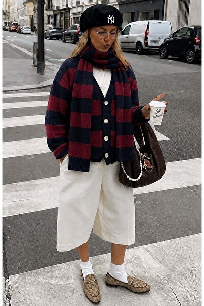 Madmext Burgundy/Navy Blue Striped Scarf Women's Knitwear Cardigan Mg2588