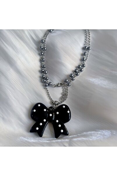 Choice Bows Retro Black Polka Dots Bows Love Pendant Necklace Kpop Long Beads...
