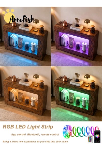 AnneFish طاولة كونسول خشبية طويلة وضيقة للمدخل بتصميم ريفي مع شريط إضاءة LED، مقاس 120*30*84 سم، طاولة أريكة منحنية