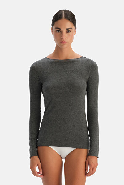 Eros Anthracite Melange Modal Cashmere Boat Neck Long Sleeve Top
