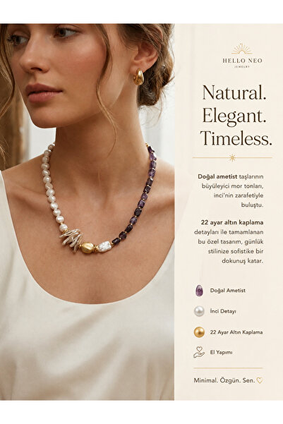Hello Neo Jewelry Ametist Doğal Taşlı Gold Detaylı Barok İnci Kolye