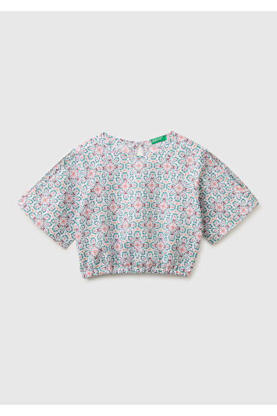 United Colors of Benetton Girl's White All-Printed Off-Shoulder Printed Blouse