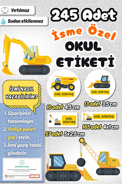Sticker Ekspres Okul Etiketi İş Makinaları Kalem Defter Etiketi Özel İsim Yaz...