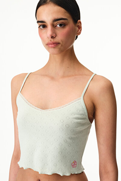 Penti Light Green Pointel Crop Floral Tank Top