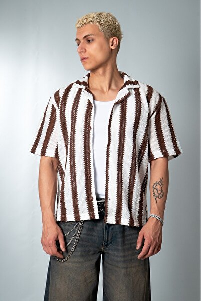 Plus Eighteen Striped Brown Knitwear Men's Shirt