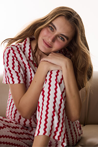 Penti Red Aria Shirt Striped Short Sleeve Pants Pajama Set