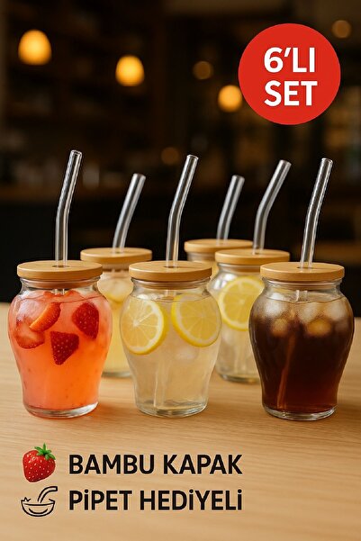 Open Home Concept 6'lı Çilek Desenli 400 ml Borosilikat Cam Bardak – Bambu Ka...