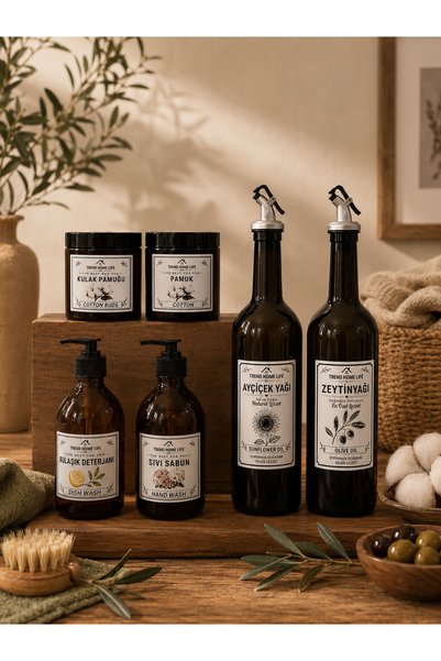 Trend Home Life 3 lü Set 6 Parça Cam 2li 750ml Yağdanlık Cam Amber 300ml 2li sıvı Sabunluk 2li Amber Pamukluk Yağlık