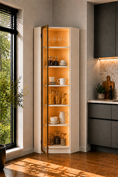 Avmpark Dolce Köşe Modül Erzak Dolabı Led Işıklı Kiler Dolabı Temperli Camlı Çok Amaçlı Dolap Kitaplık 208cm