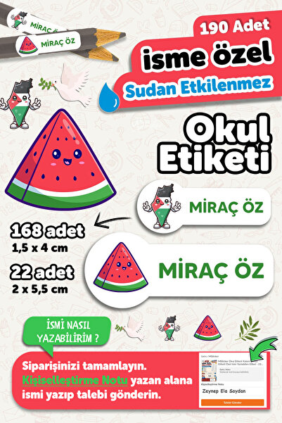 MSticker Okul Etiketi Kalem Defter isimli Etiket Isim Yazılabilen Filistin - 190 Adet Özel Tasarım Etiket