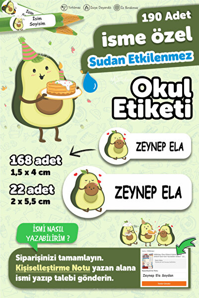MSticker Okul Etiketi Kalem Defter Etiketi Avakado Temalı Özel Isim Yazılabil...