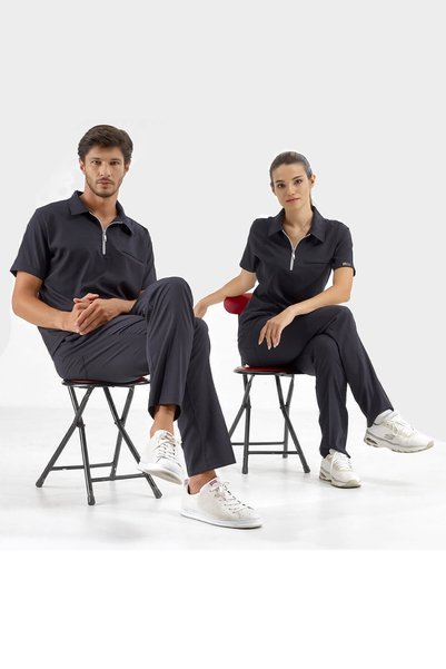 ÇİZGİ MEDİKAL Navy Blue Polo Luxury Lycra Suit High Quality Lycra Scrubs Uniform