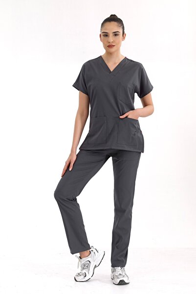 ÇİZGİ MEDİKAL Füme Lüks Likralı Greys Alt Üst Takım Doktor Hemşire Scrubs Üniforma