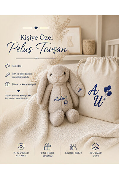 Emsera Atelier Kişiye Özel İsimli Peluş Tavşan Uyku Arkadaşı 35 cm Kese Hediy...