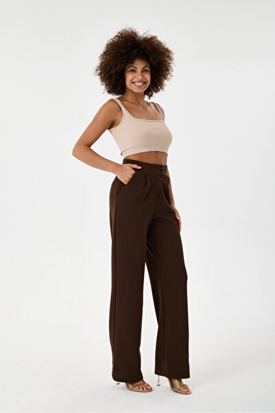DIANNA Stretch Fabric Double Buttoned Flexible Brown Palazzo Pants