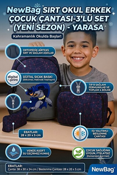 NewBag Yarasa ERKEK ÇOCUK Sırt Ilkokul Çantası-3'lü Set