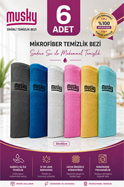 MUSKY Mikrofiber Sihirli Temizlik Bezi 6 Adet Cam,ayna,mutfak,banyo,araç Gene...