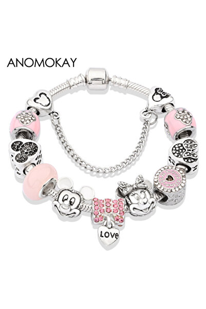 Choice15 18cm (7.1 inch) 929 Pink Enamel Mickey Minnie Charm Bracelet Silver ...