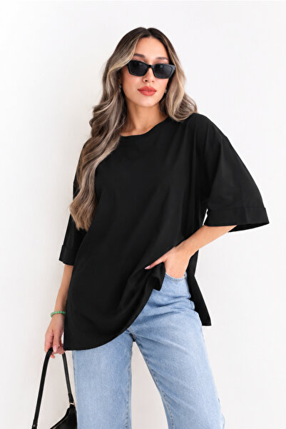 MOVİMENT Siyah Oversize Duble Kol Yandan Yırtmaçlı Uzun T-Shirt | Pamuklu Bas...