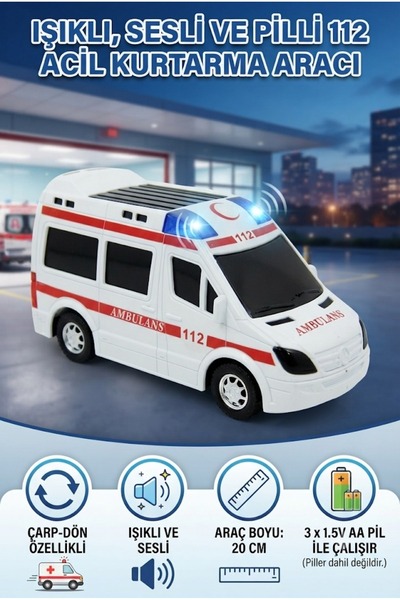 Tıfıl Toys Oyuncak Ambulans - 20 cm Işıklı Sesli Pilli ve Çarp Dön Özellikli ...
