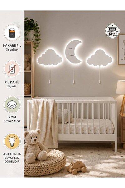 Windly Concept 3’lü Bebek Odası Ve Çocuk Odası Aydınlatması Ledli Bulut Ve Ay