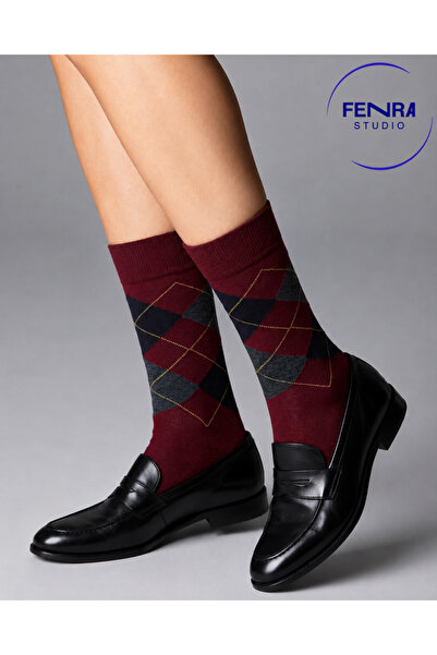 FENRA STUDIO Women's Burgundy Black Diamond Patterned Cotton Classic Socks