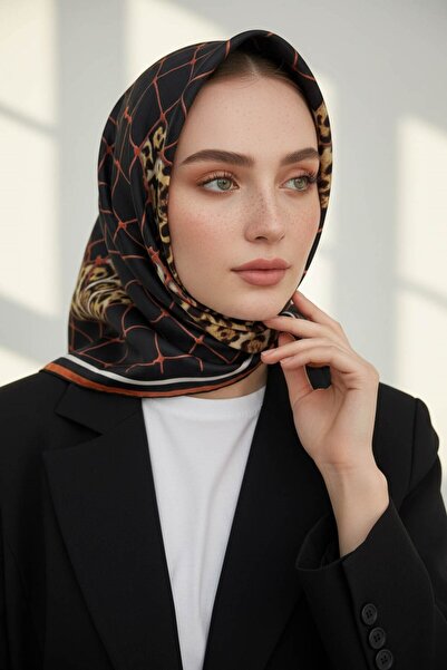 Vissona 100% Twill Silk Leopard Patterned Black - Tan Colored 90X90 Scarf Sew...