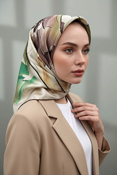 Vissona %100 Twill İpek Sulu Boya Çiçek Desenli Vizon Renkli 90x90 Eşarp Diki...