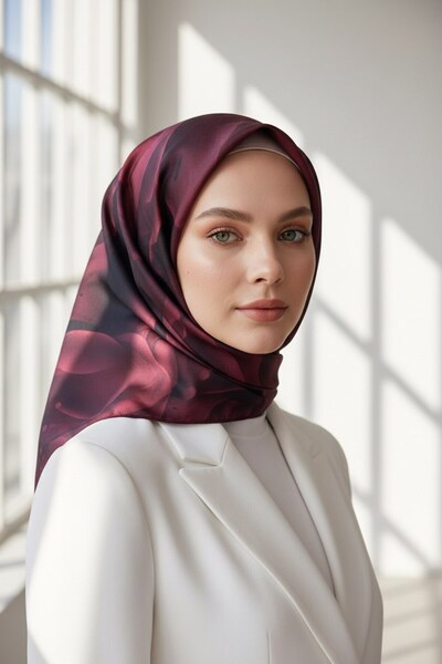 Vissona %100 Twill İpek Çiçek Desenli Gül Kurusu Renkli 90x90 Eşarp Dikim Şek...