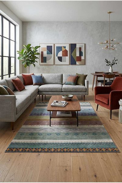 Frenda Etnik Kilim Desenli Pamuk Taban Yıkanabilir Baskılı Halı Mavi