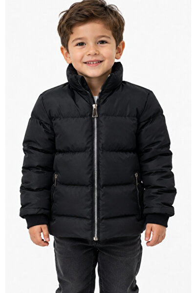 İrem Çocuk Giyim Boy/Girl's Hoodless Zipper Pocket Black Color Coat with Plus...