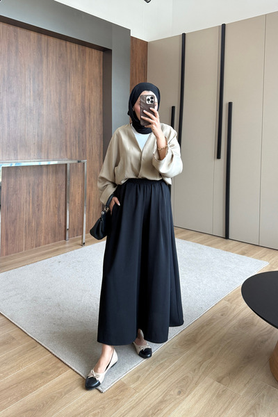 ensade Women's Elastic Waist, Pocketed, Pleated Detailed Wide-Leg Pants, Summ...