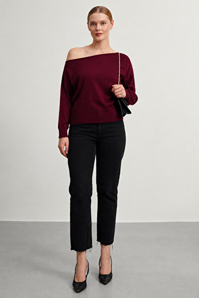 Gülce moda Women's Slim Mercerized Asymmetrical Cut Boat Neck Knitwear Sweater