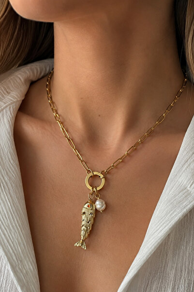 Modex Steel Pearl Detail Enamel Fish Bone Necklace (46cm)