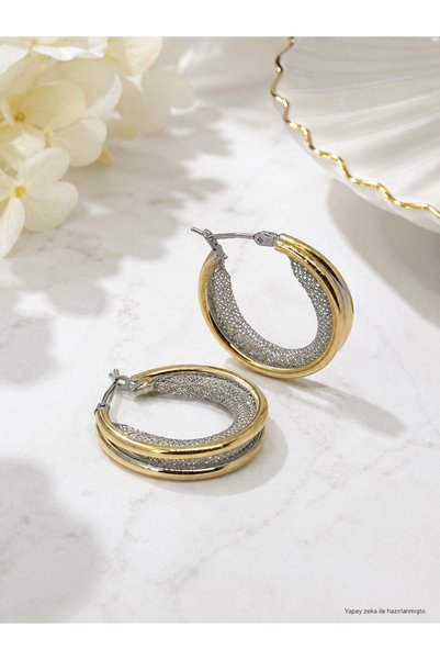 Gulsah's Store Çelik silver gold detaylı halka küpe