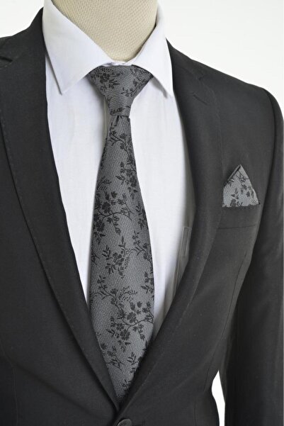 Brianze Black Floral Pattern Gray Handkerchief Tie Mkch-2
