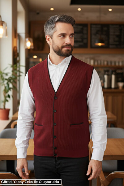 Kamalı Men's Burgundy V-Neck Knitwear Buttoned Pocketed Striped Patterned Reg...