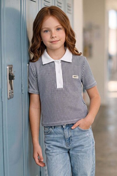 Fulla Moda Striped Polo Collar Embroidered Girls' T-Shirt