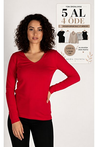 moda felinya Kadın Uzun Kollu V Yaka Kırmızı Body